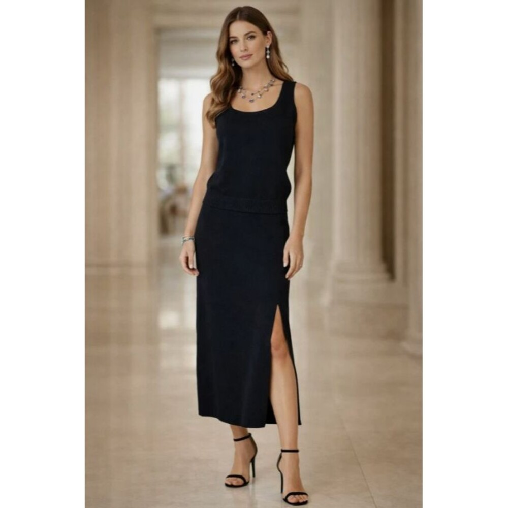 ST JOHN Santana Knit Black Matching Set Skirt & Top sz 2 Quiet Luxury Minimalist